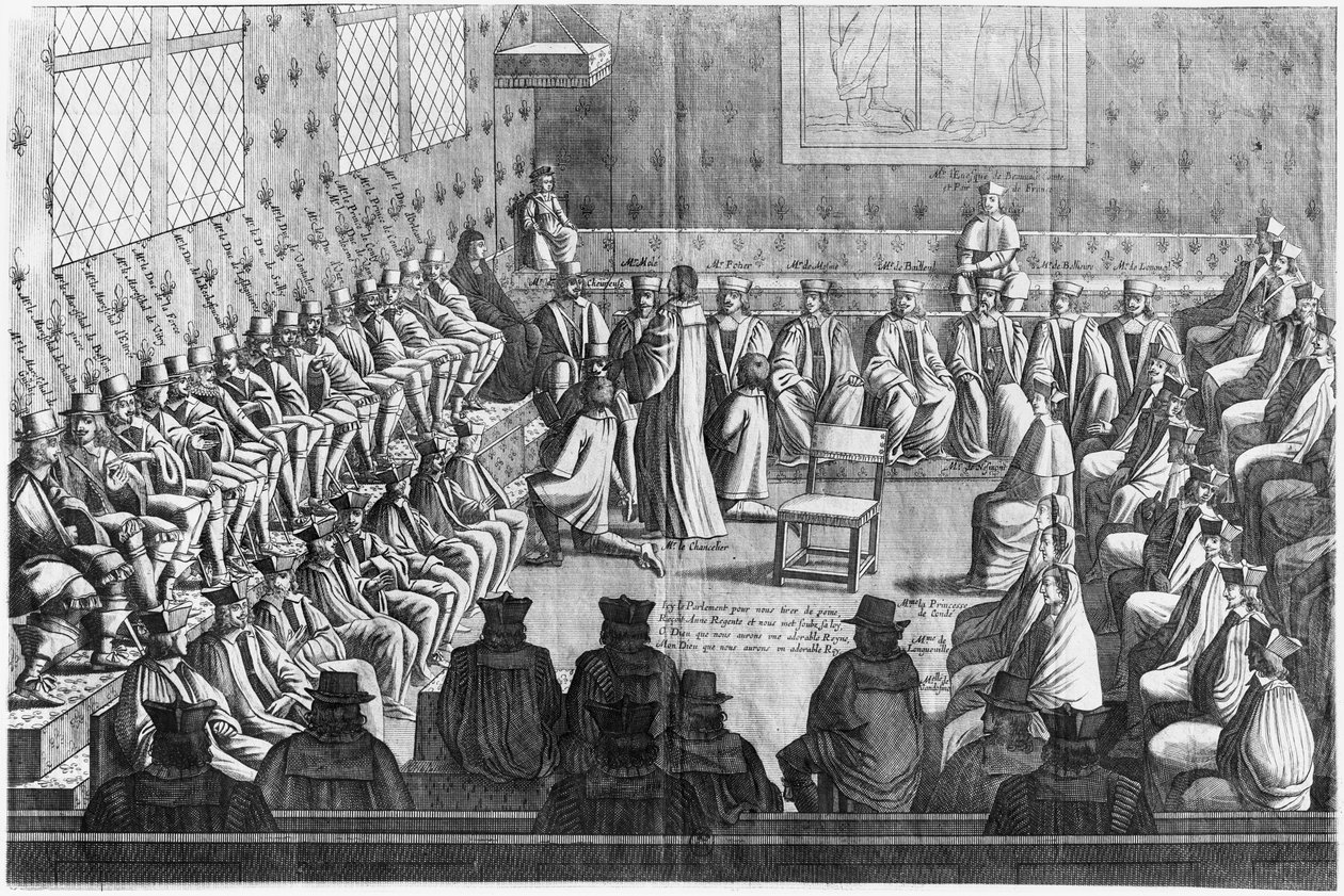 Zasedání parlamentu vedené regentkou Annou Rakouskou (1601-66) a Ludvíkem XIV. (1638-1715) od French School