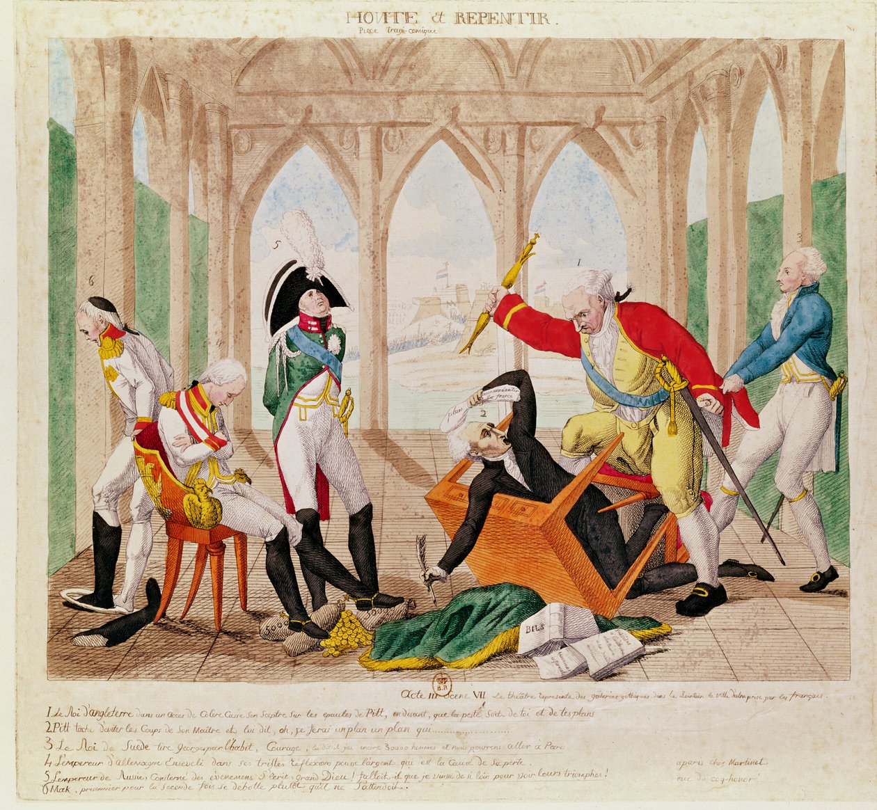 „Hanba a lítost, tragikomická hra“, karikatura o kapitulaci Ulmu 20. října 1805 od French School