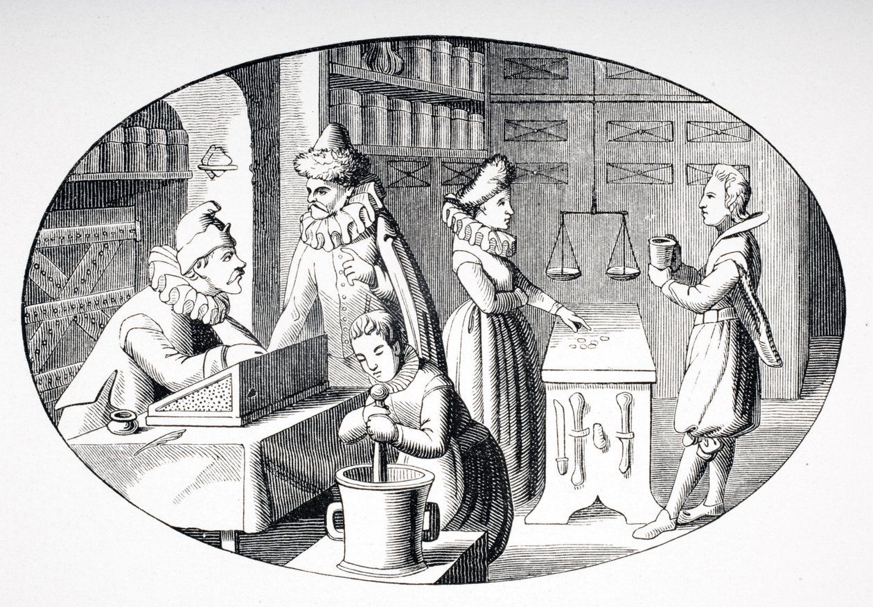 Obchod hokynáře a drogisty v 17. století, z knihy „Le Moyen Age et La Renaissance“ od Paula Lacroixe (1806–84), vydané v roce 1847 od French School