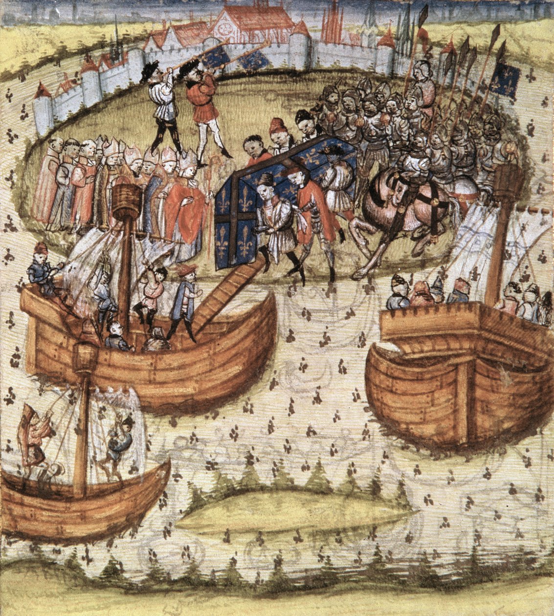 Snark M119: Křižáci nakládají rakev St. Louis na palubu v Tunisu v roce 1270, z Grandes Chroniques de France, 1450 od French School