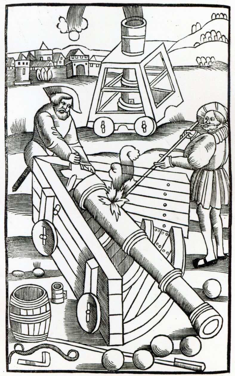 Vojáci střílející z děla, ilustrace k "De re Militari" od Publia Flavia Vegetia Renata (fl.390), vytiskl Christian Wechel, Paříž, 1532 od French School
