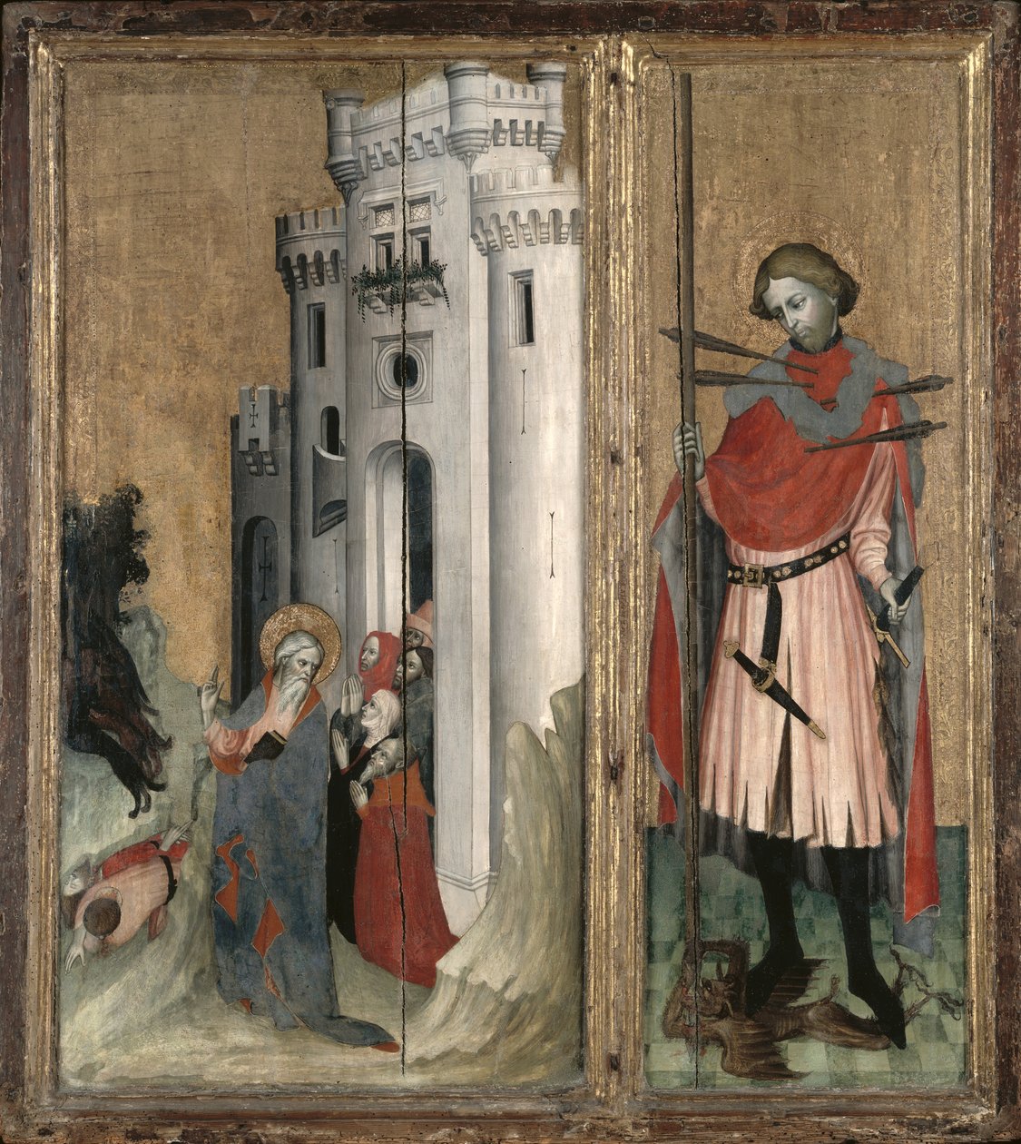 Svatý Ondřej pronásleduje démony z města Nicaea a sv. Šebestiána, pravý panel Thouzonského oltáře, Škola Provence (tempera na panelu) od French School