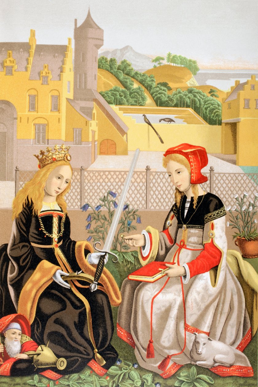 Svatá Kateřina Alexandrijská a svatá Anežka Římská, podle díla připisovaného Marguerite van Eyck, z knihy "Les Arts au Moyen Age", vydané 1873. od French School