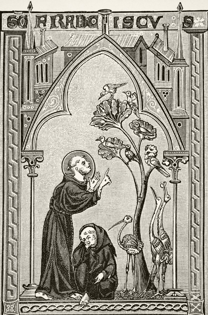 Sv. František z Assisi mluví s ptáky, z knihy „Věda a literatura ve středověku“ od Paula Lacroixe (1806-84), vydaná v Londýně 1878 od French School