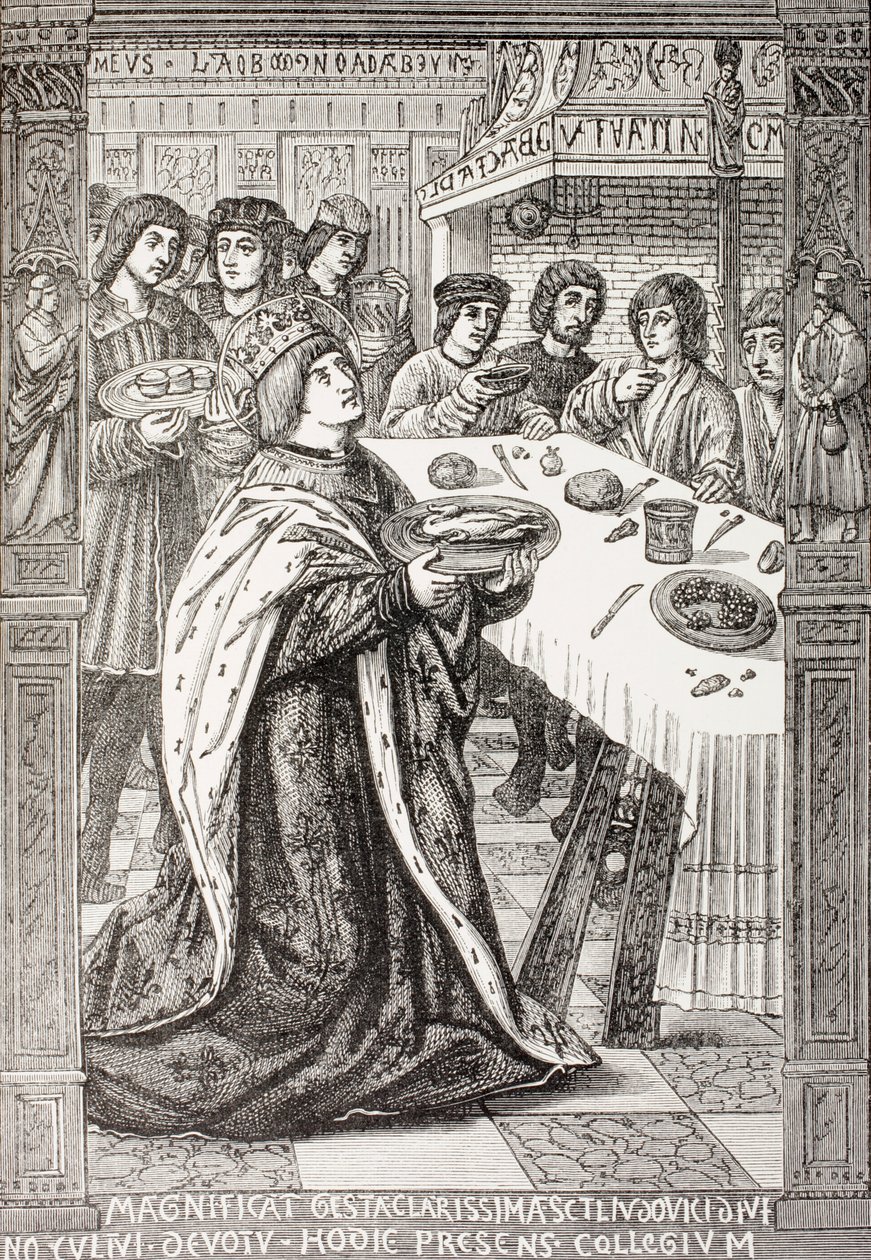 St. Louis, podávající jídlo chudým, z knihy „Vojenský a náboženský život ve středověku“ od Paula Lacroixe, vydaná v Londýně kolem roku 1880 od French School