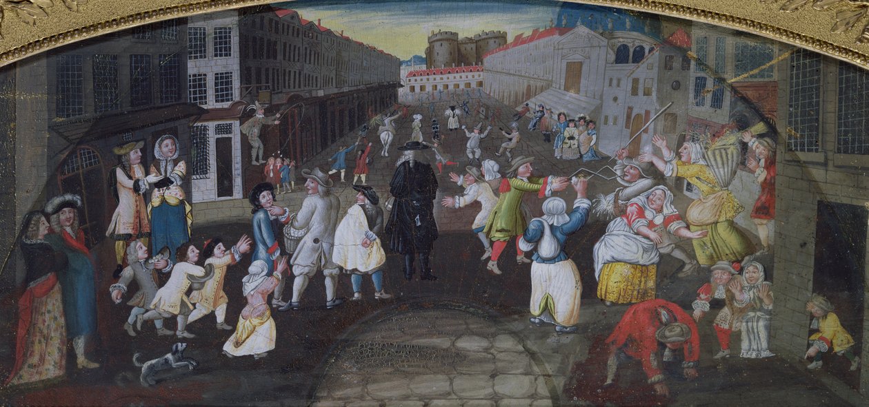 Pouliční umělci na Carnival Populaire, Rue Saint Antoine, c.1670 od French School