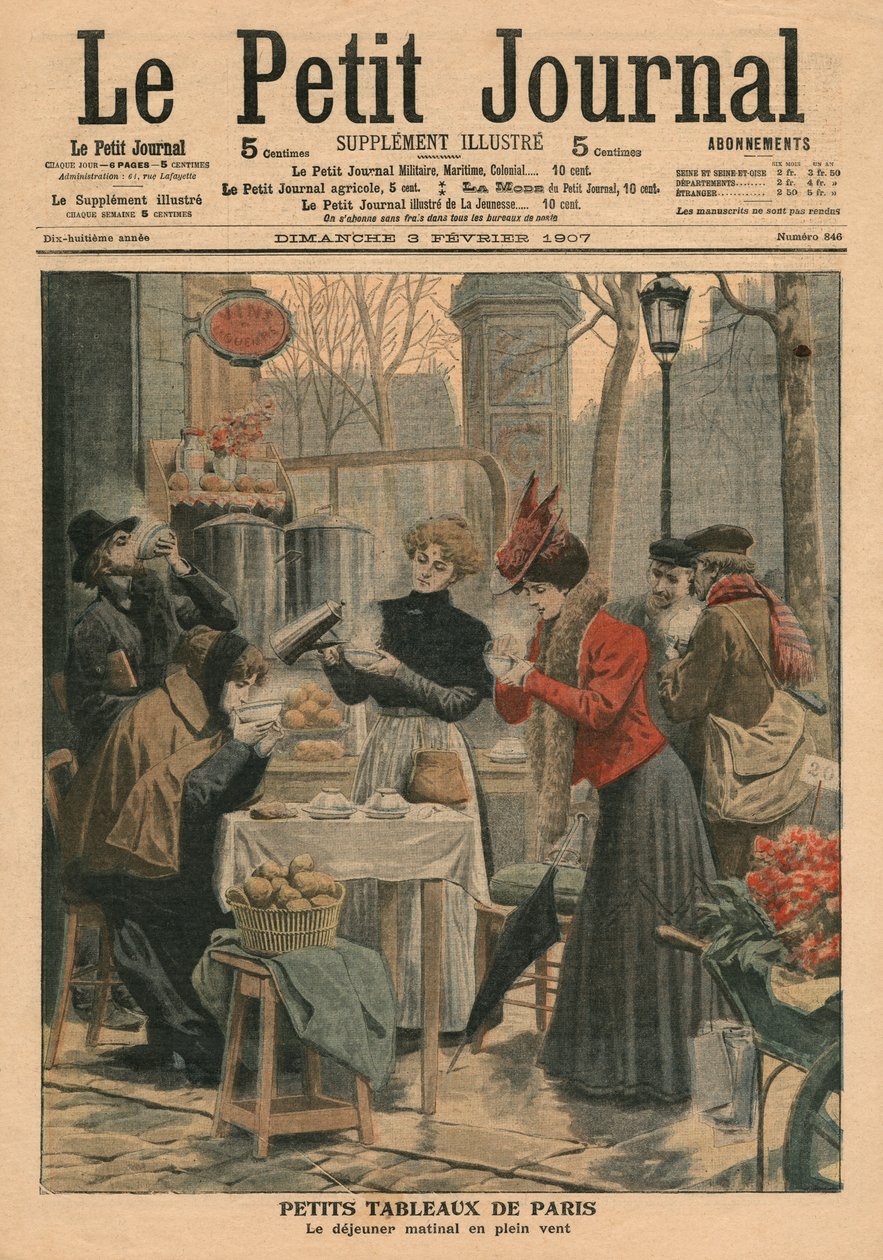 Výjevy z pařížských ulic, snídaně pod širým nebem, ilustrace z "Le Petit Journal", ilustrovaná příloha, 3. února 1907 od French School