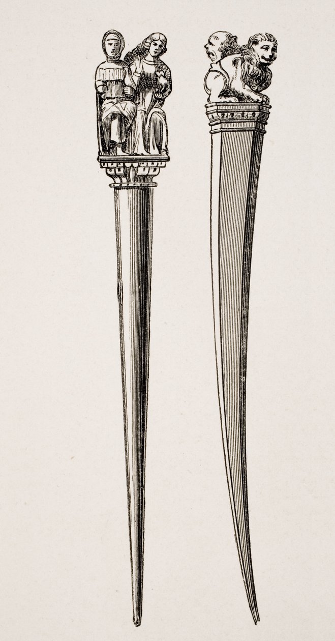 Dotyky používané pro psaní ve 14. století, z „Le Moyen Age et La Renaissance“ od Paula Lacroixe (1806–84) vydaného v roce 1847 od French School