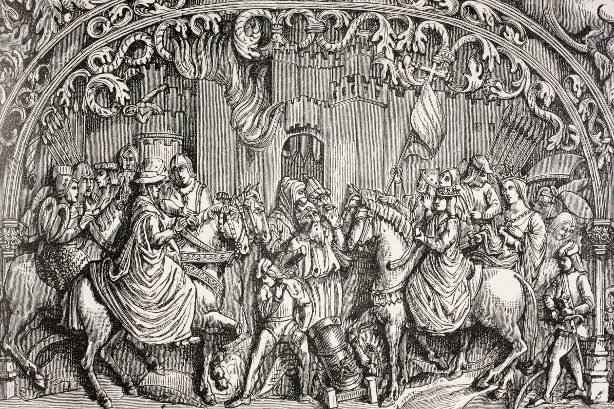 Kapitulace Montefria poblíž Granady ve Španělsku v roce 1486 z knihy „Vojenský a náboženský život ve středověku“ od Paula Lacroixe, publikovaná v Londýně kolem roku 1880 od French School