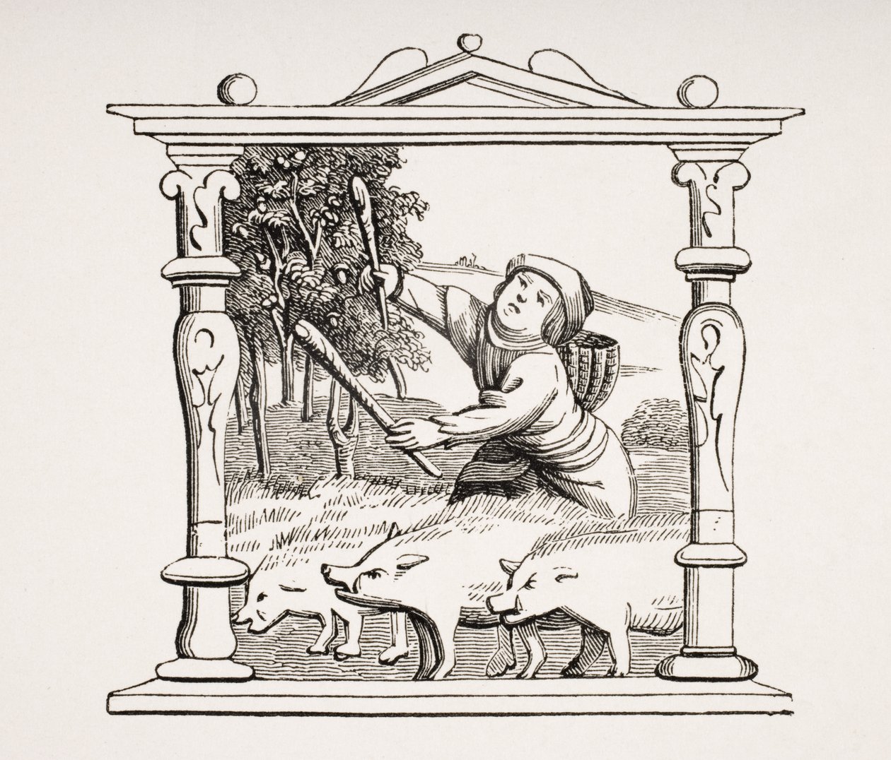 Pastýř vepřů se stádem prasat, reprodukce podle kalendáře v knize hodin, z „Le Moyen Age et La Renaissance“ od Paula Lacroixe (1806-84), vydaného v roce 1847 od French School