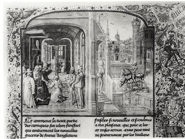 T.III fol.1 Froissart přijat v Orthez hrabětem Gastonem de Foix, kterému předává dopis od Guye de Blois z Froissartovy kroniky. od French School