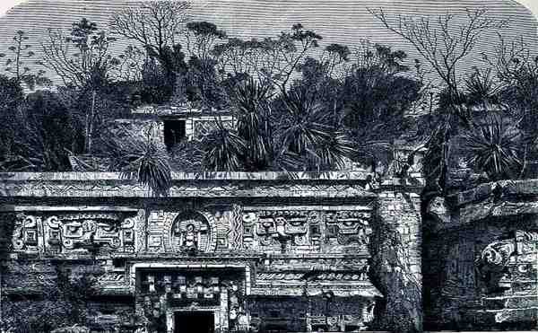 Budova chrámu na východ od kláštera v Chichen Itzá, ze Starověkých měst Nového světa, Claude-Joseph-Desire Charnay, hospoda. 1887 od French School
