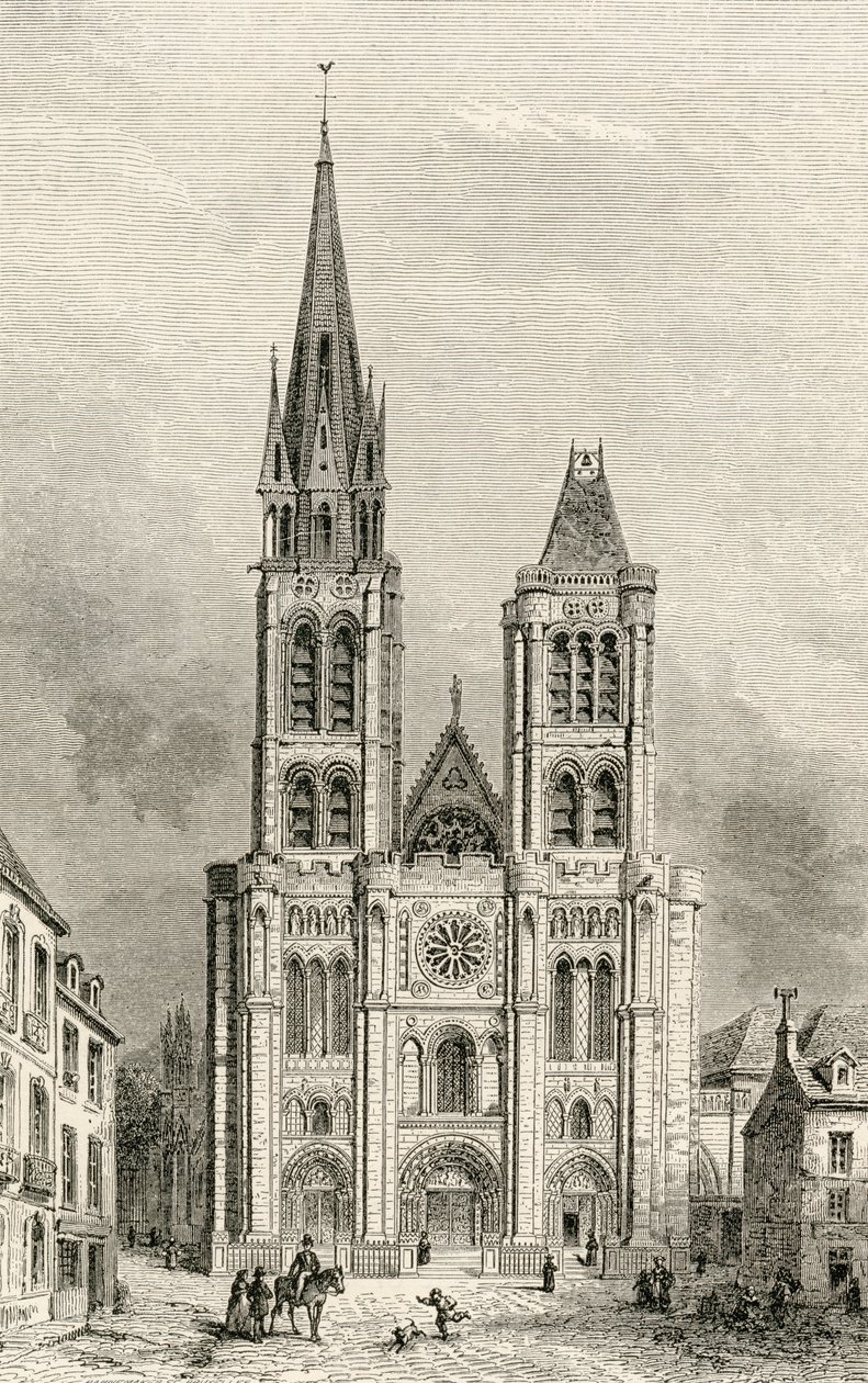 Katedrála Saint Denis, se severní věží před její demolicí, z „Francouzských obrázků“ od reverenda Samuela G. Greena, publikované v roce 1878 od French School