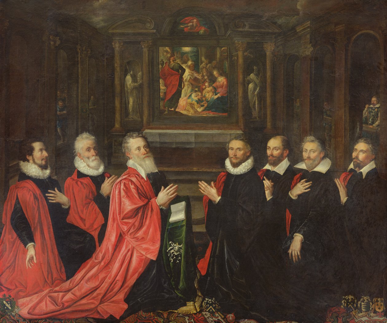 Corps de Ville se modlí před oltářním obrazem Narození Páně, 1614 od French School