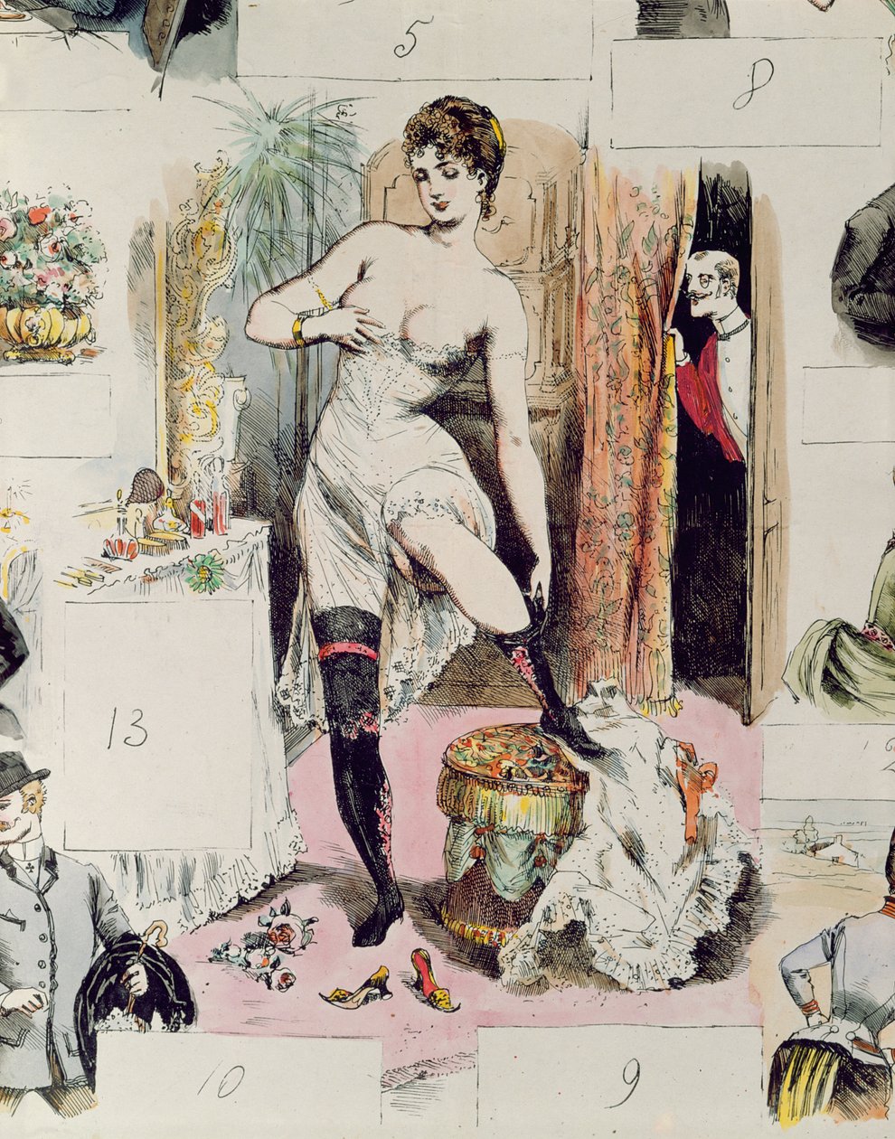 Korzet, ilustrace z La Vie Parisienne, kolem roku 1875 (barevná rytina) od French School