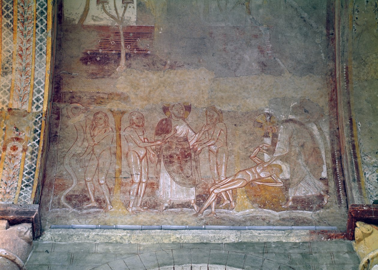 Stvoření ženy a Evy a hada, detail z klenby lodi, kolem roku 1100 od French School