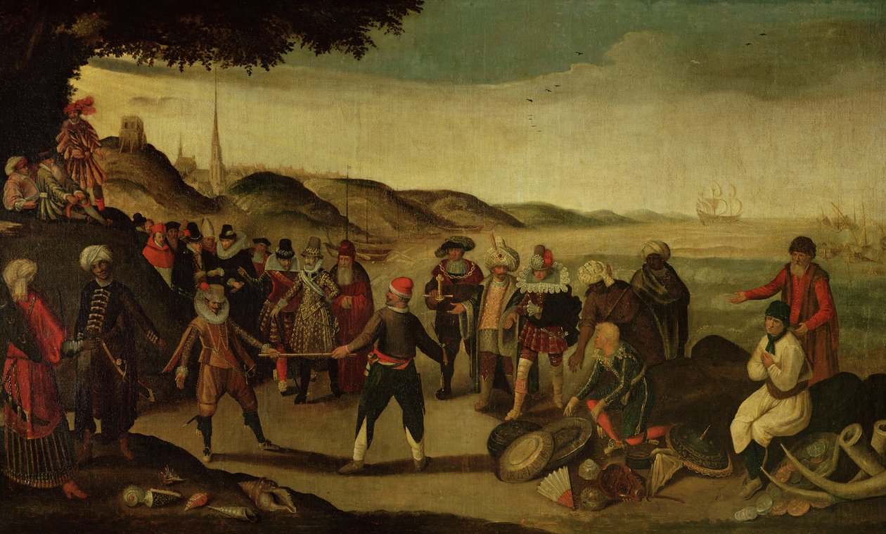 Spor o zlatou štafetu aneb Spor mezi Španěly a Nizozemci o obchod v Indii, 1609 od French School