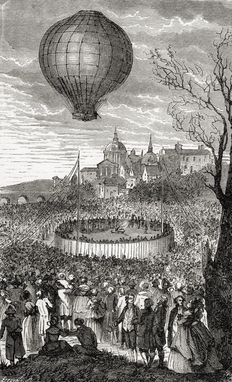 První letecká plavba, Paříž, 21. října 1783, z „Nádherné výstupy balónem nebo dobytí nebes“ od Fulgence Marion, publikované kolem roku 1870 od French School