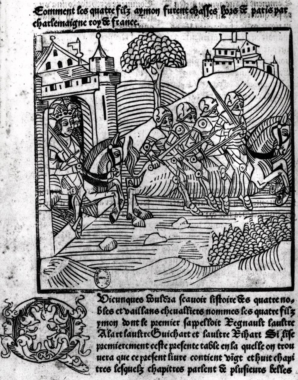 Čtyři synové Aymonovi jsou zahnáni Karlem Velikým (742-814), francouzským králem, z ‚Renaud‘ nebo ‚Les Quatre Fils Aymon‘, kolem roku 1483 (xylograph) od French School