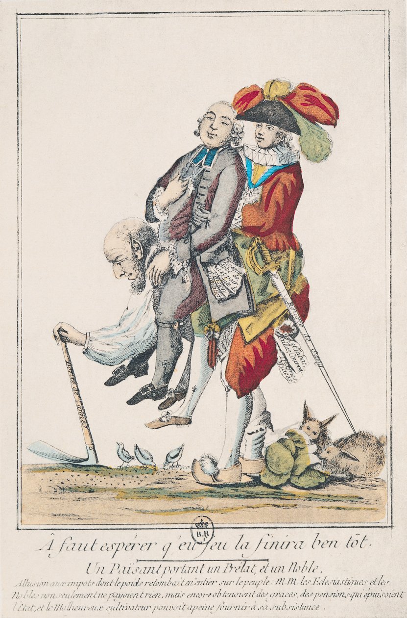 Hra musí brzy skončit, rolník nesoucí duchovního a šlechtice, 1789 (viz také 158273) od French School