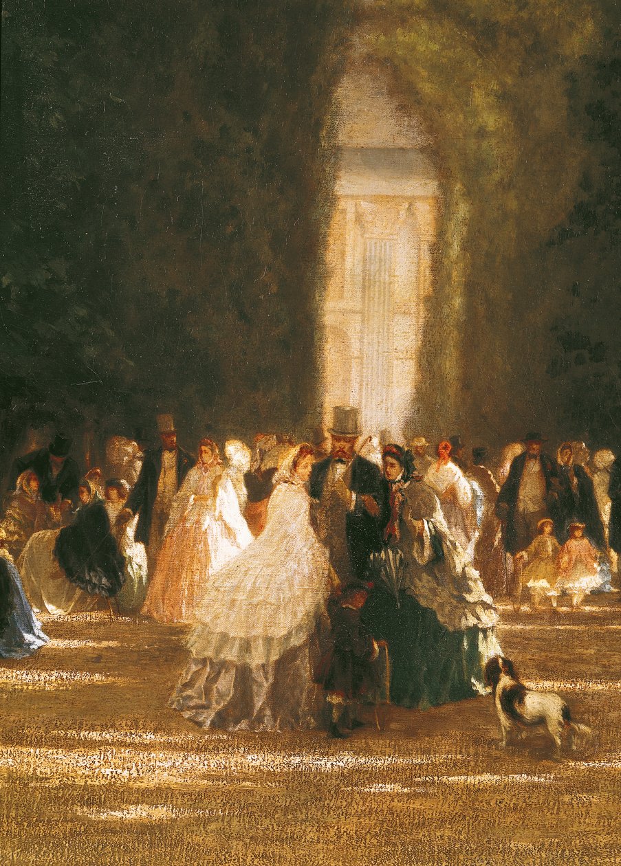 Zahrada Tuileries za Druhého císařství, detail skupiny se psem od French School