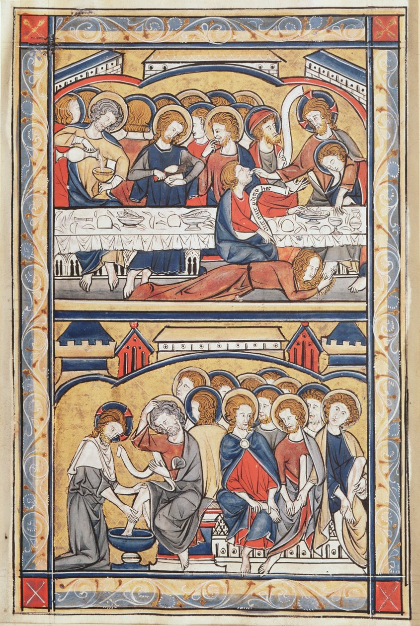 Poslední večeře a mytí nohou, cca 1260 (tempera a zlatý list na pergamenu) od French School