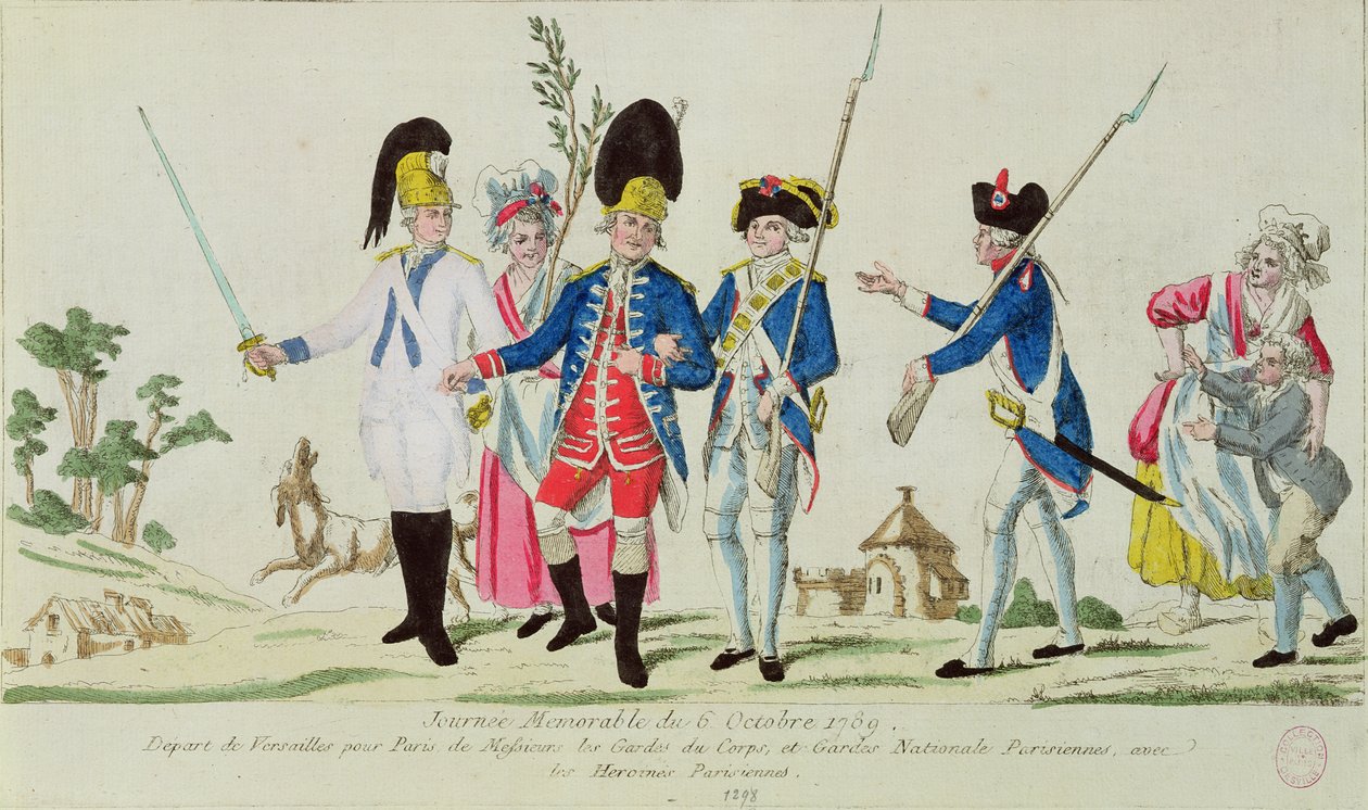 Památný den 6. října 1789, odjezd z Versailles do Paříže: Gardes du Corps, pařížská národní garda a pařížské hrdinky od French School