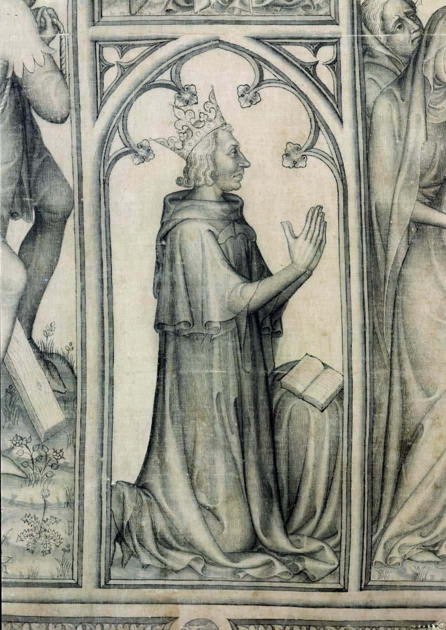 The Parement of Narbonne, detail modlícího se Karla V. (1338-80), kolem 1375 (grisaille na hedvábí) (detail 83469) od French School