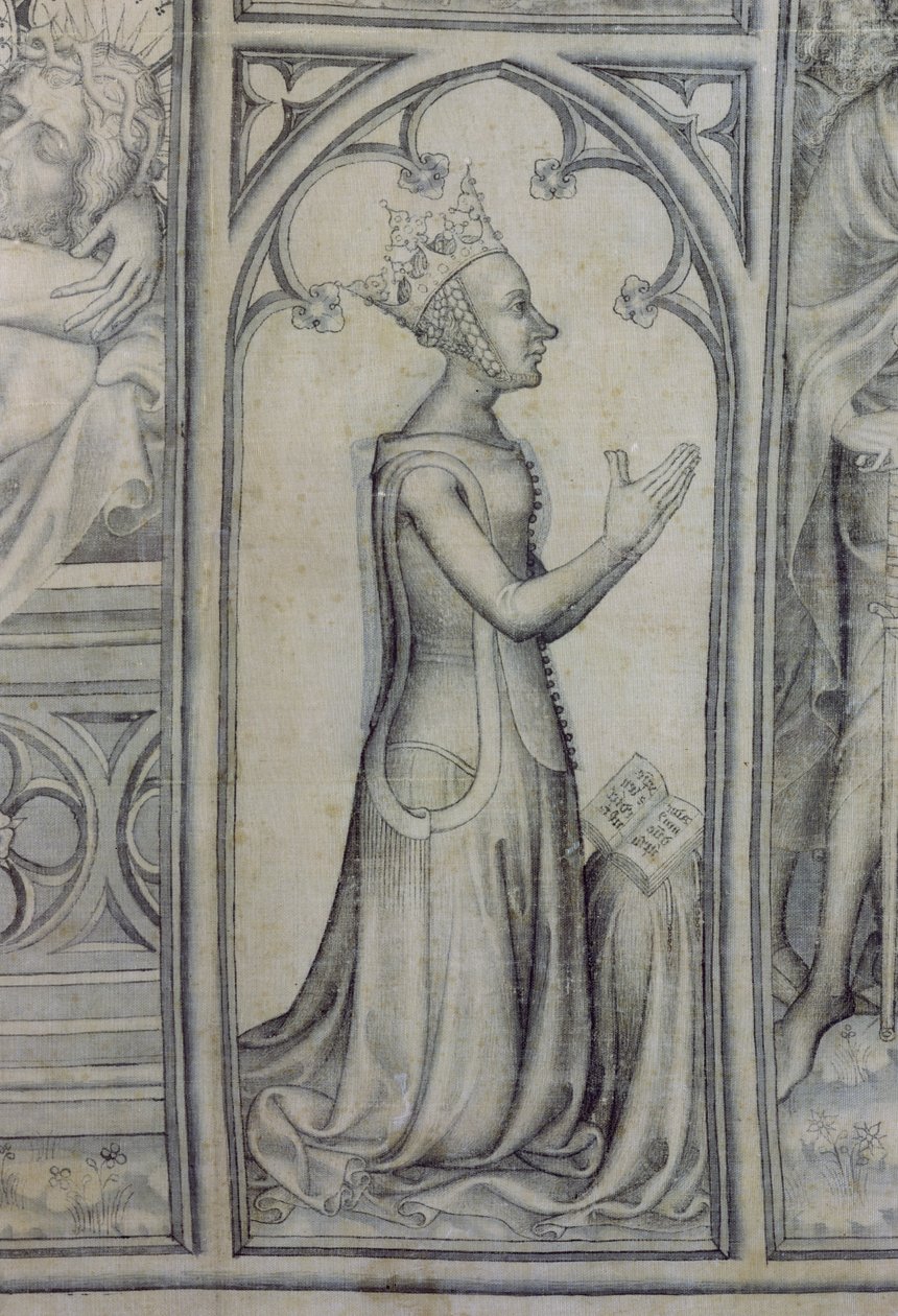 The Parement of Narbonne, detail modlící se Jeanne de Bourbon (1338-77), kolem 1375 (grisaille na hedvábí) (detail 83469) od French School