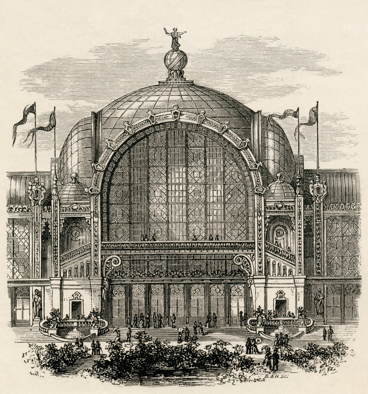 Pařížská výstava nebo světová výstava v Paříži z roku 1878, která se konala na Champ de Mars v Paříži, z „French Pictures“ od reverenda Samuela G. Greena, vydaného v roce 1878 od French School