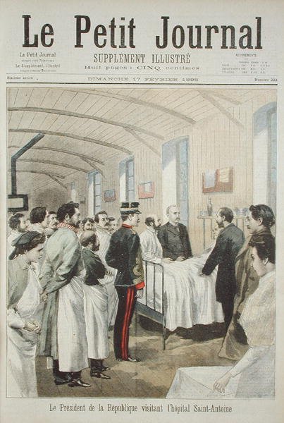 Prezident republiky Felix Faure (1841-99) na návštěvě nemocnice Saint-Antoine v Paříži, z Le Petit Journal, 17. února 1895 od French School