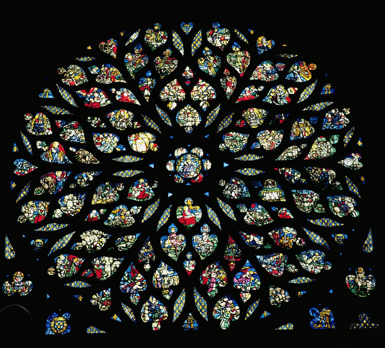Zjevení sv. Jana, růžové okno (vitráže) od French School