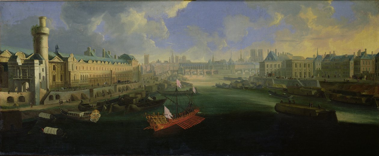 Řeka Seina, pohled na Pont Neuf, Louvre a College Mazarin, c.1665 od French School