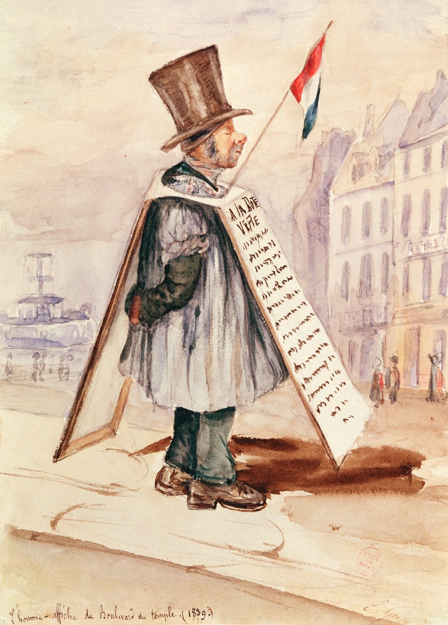 The Sandwich Board Man, Boulevard du Temple, 1839 od French School