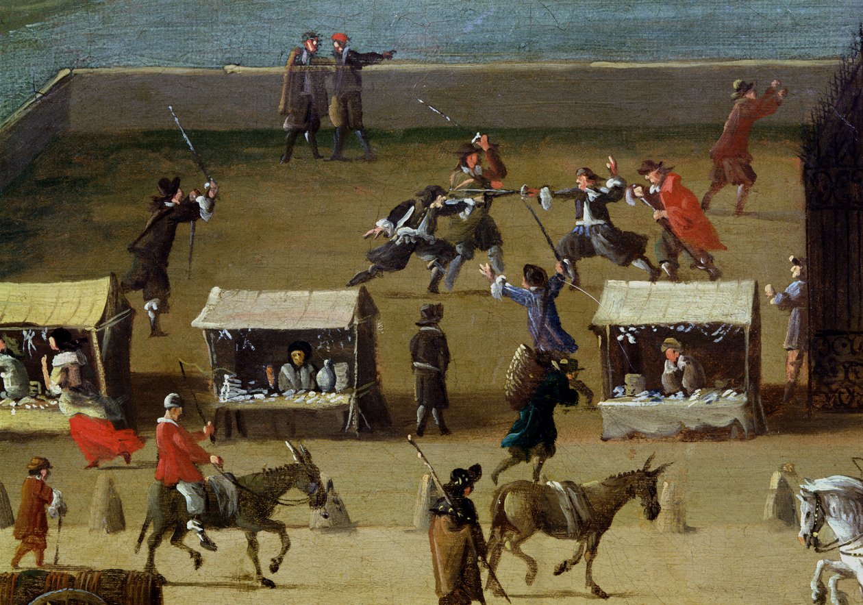 Seina, Louvre a College des Quatre-Nations z Pont-Neuf, detail stánků na trhu a souboje mužů, cca 1665-70 od French School