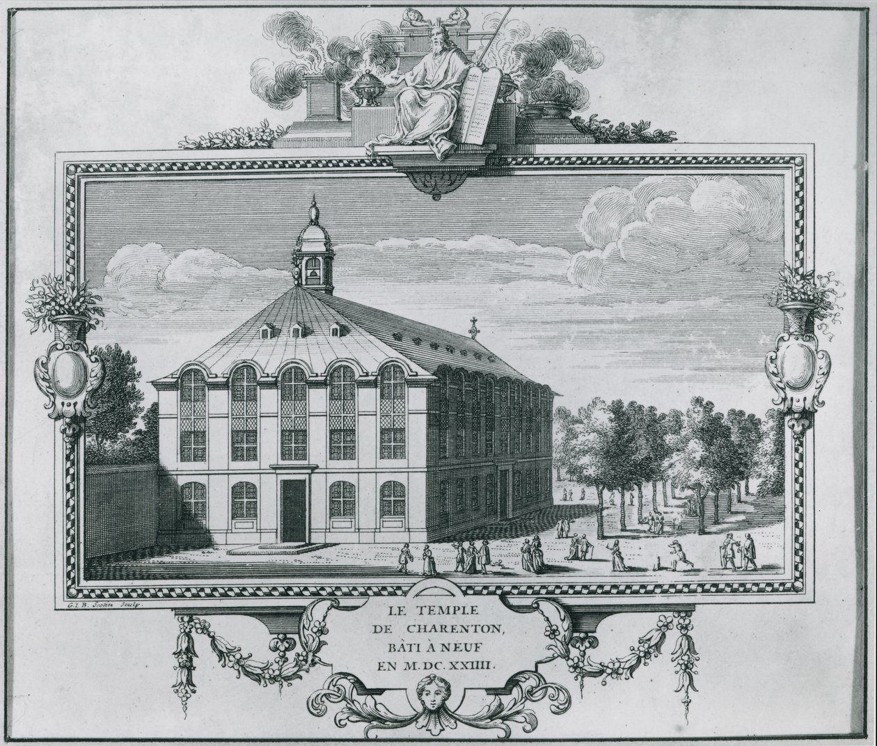 Chrám Charenton, přestavěný v roce 1624, vyryl Gerard Jean Baptiste Scotin (1671-1716) od French School