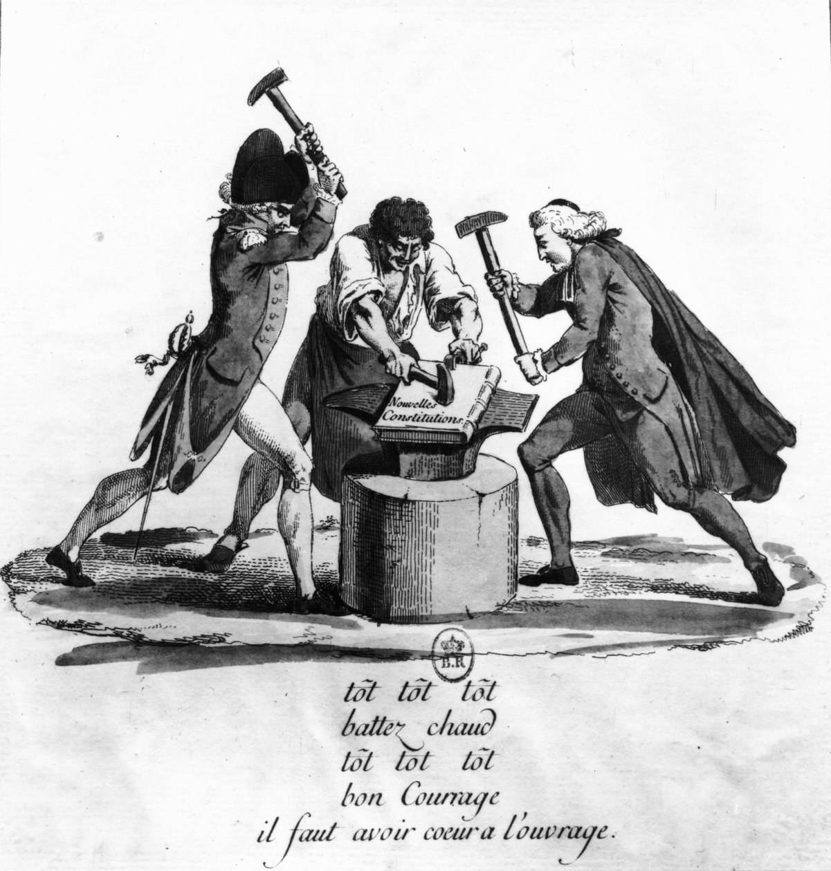 Tři řády, kování nové ústavy na kovadlině, 1789 od French School