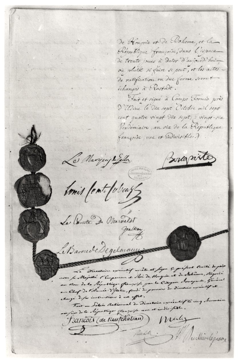 Smlouva z Campo Formio, podepsaná Napoleonem Bonapartem (1769-1821) 17. října 1797 od French School