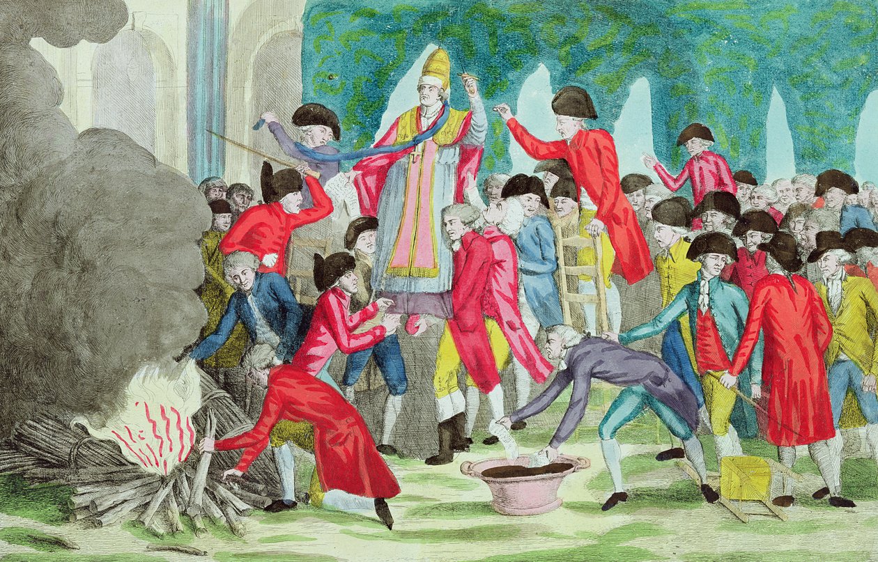 Spálení podobizny papeže Pia VI. v zahradě Palais Royale, 6. dubna 1791 od French School