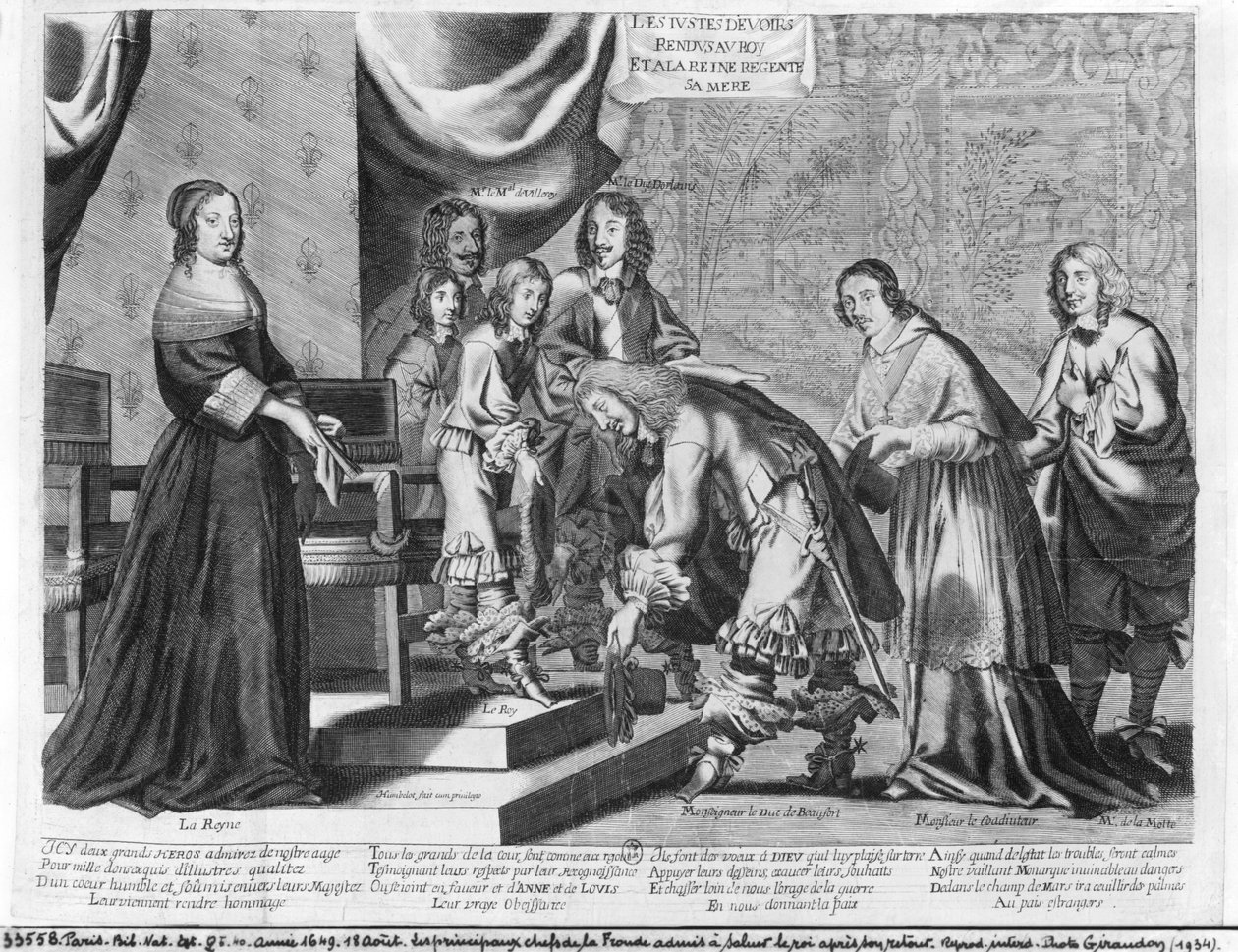 Náčelníci Frondy přiznali, že pozdravili krále Ludvíka XIV. (1638-1715) po jeho návratu, 18. srpna 1649. od French School