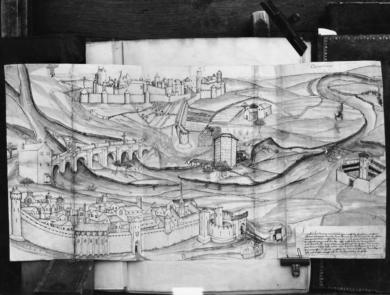 Město a vesnice Carcassonne, 1462 od French School