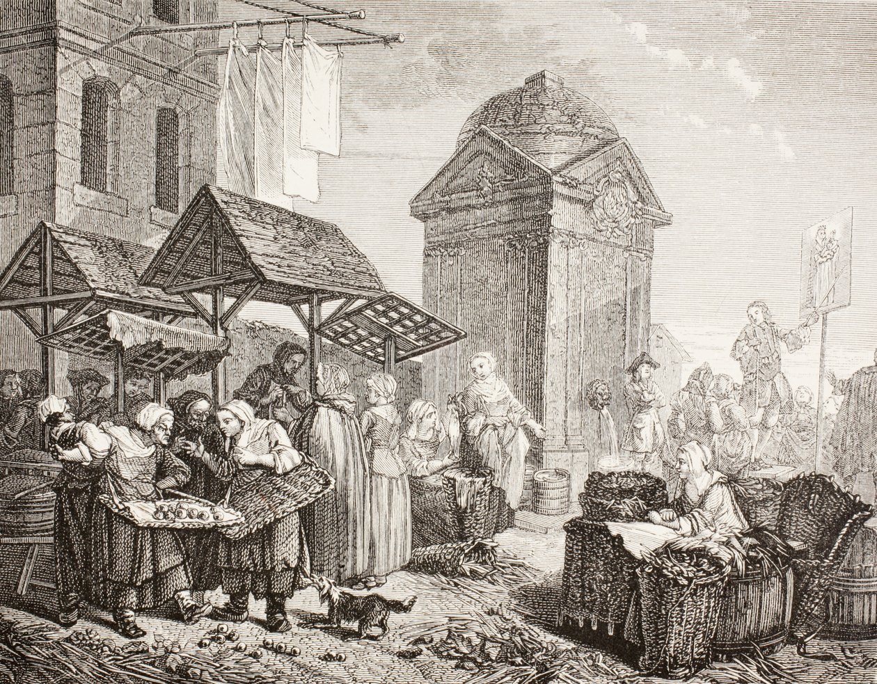 Trh na náměstí Place Maubert v Paříži v 18. století podle díla Jeaurata z „XVIII Siecle Institutions, Usages et Costumes“, vydaného v roce 1875 od French School