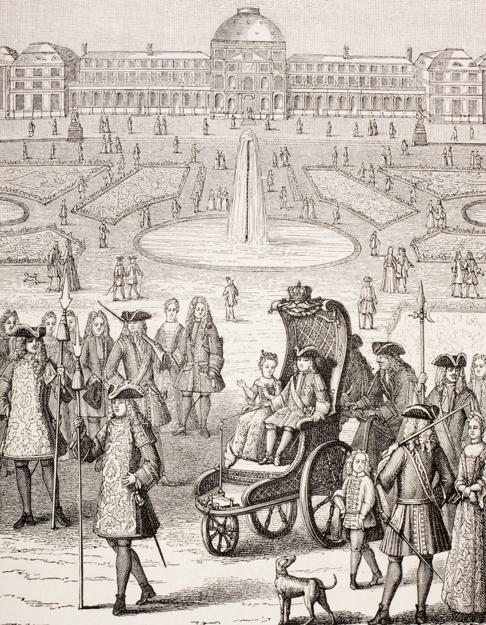 Mladý král Ludvík XV. procházející se v kočáře v Tuileries Gardens v Paříži z „XVIII Siecle Institutions, Usages et Costumes“, vydaného v roce 1875 od French School