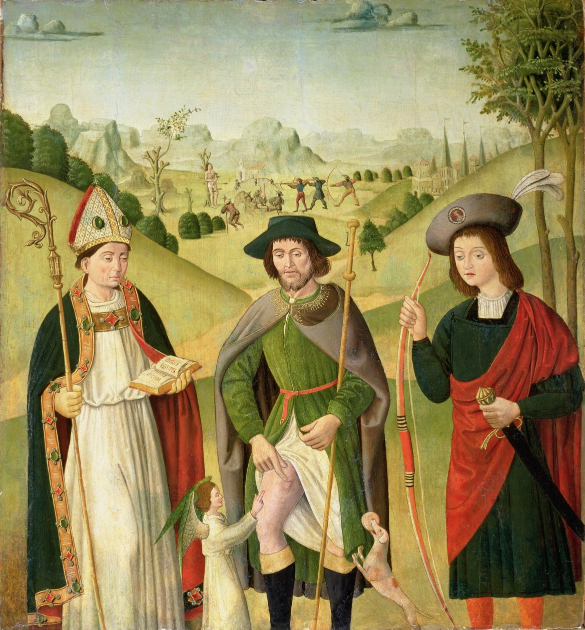 Tři svatí: biskup Saint, sv. Roch a sv. Šebestián, kolem 1460-80 od French School