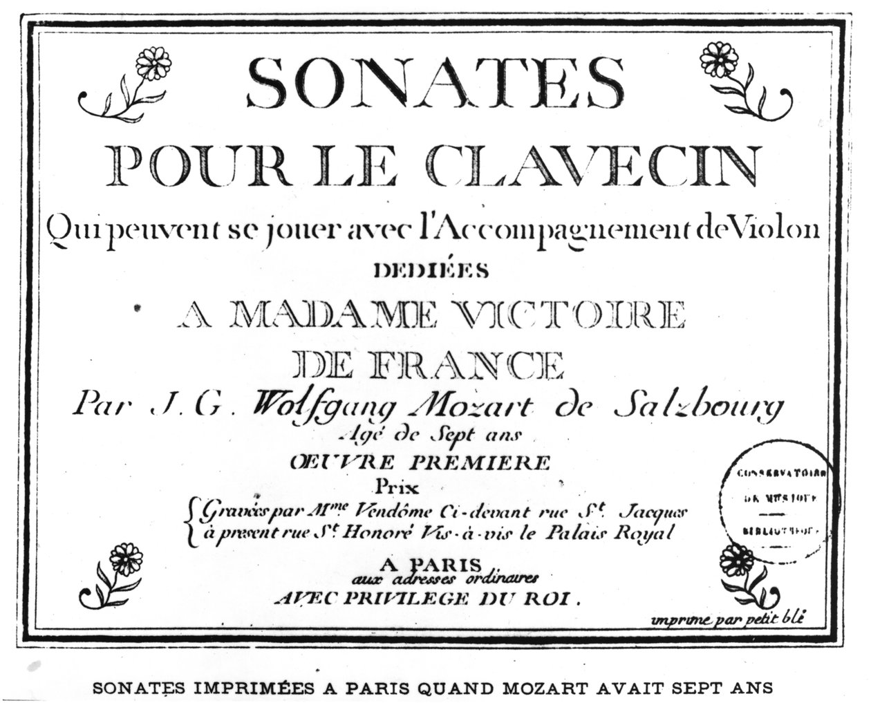 Titulní strana pro „Sonatas pour le cembalo“ věnovaná madame Victoire de France (1733-99) od Mozarta (1756-91), vydaná v Paříži v roce 1764 od French School
