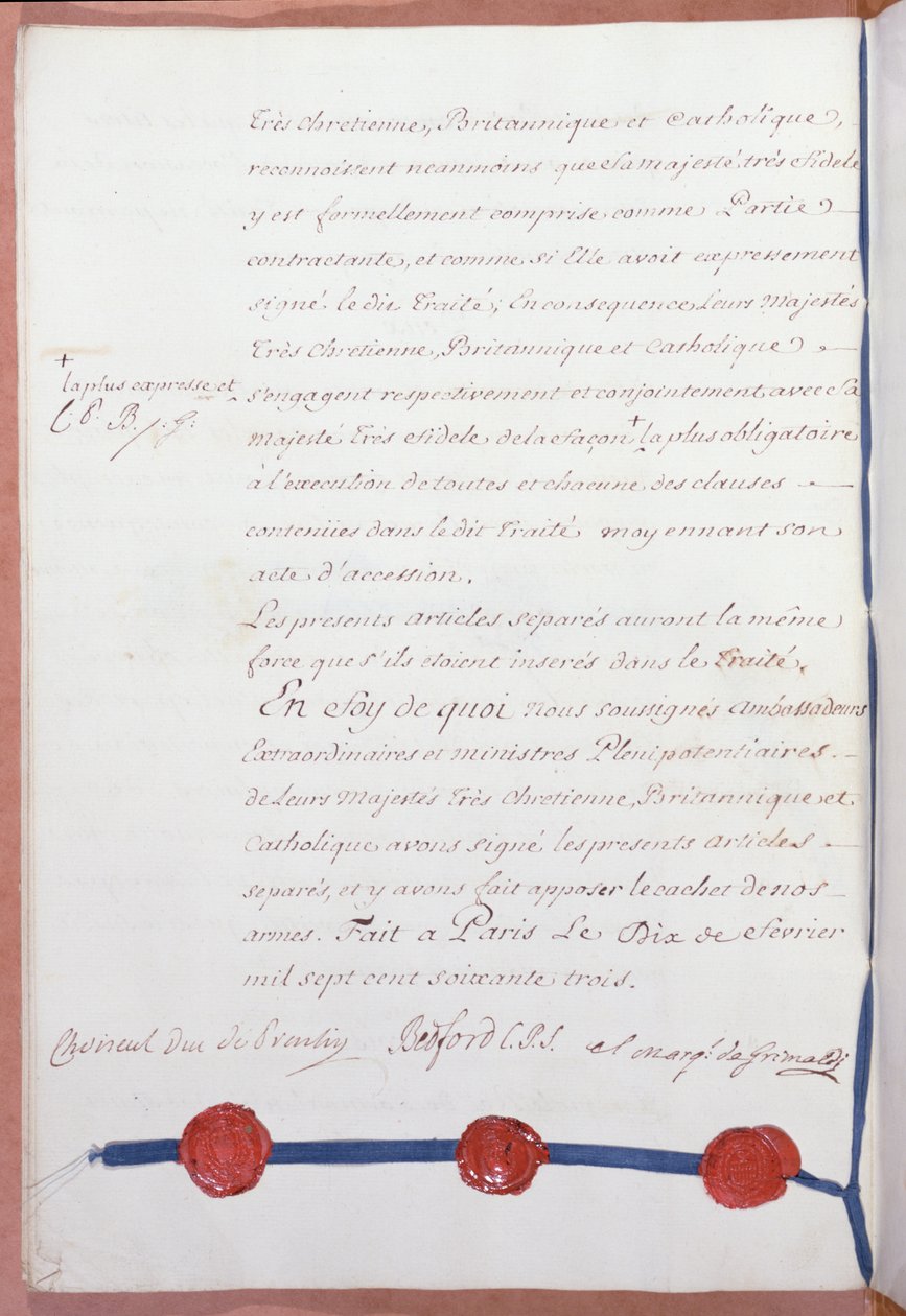 Pařížská smlouva, ukončující sedmiletou válku, podepsaná Francií, Velkou Británií a Španělskem 10. února 1763 od French School