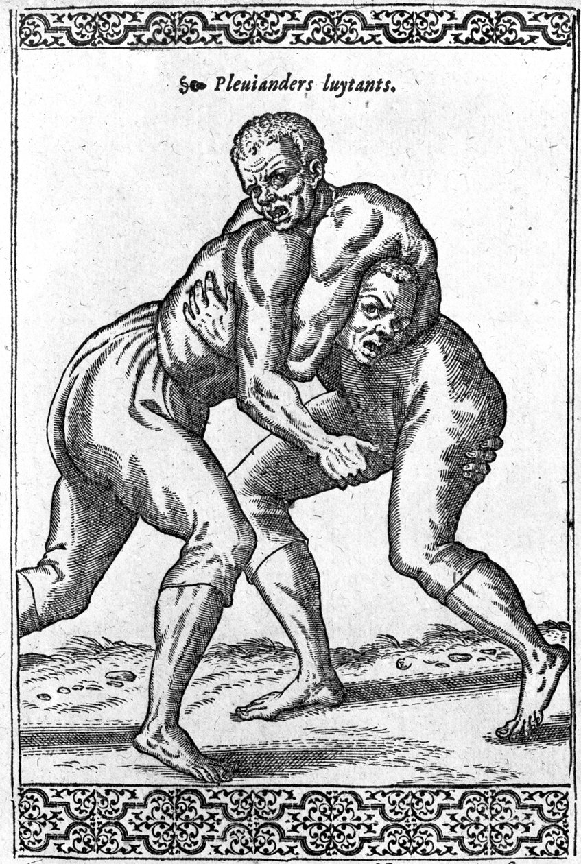Turečtí zápasníci, ilustrace z „Les navigations, peregrinations et voyages, faicts en la Turkie“ od Nicolase de Nicolay, vydané v roce 1577 od French School