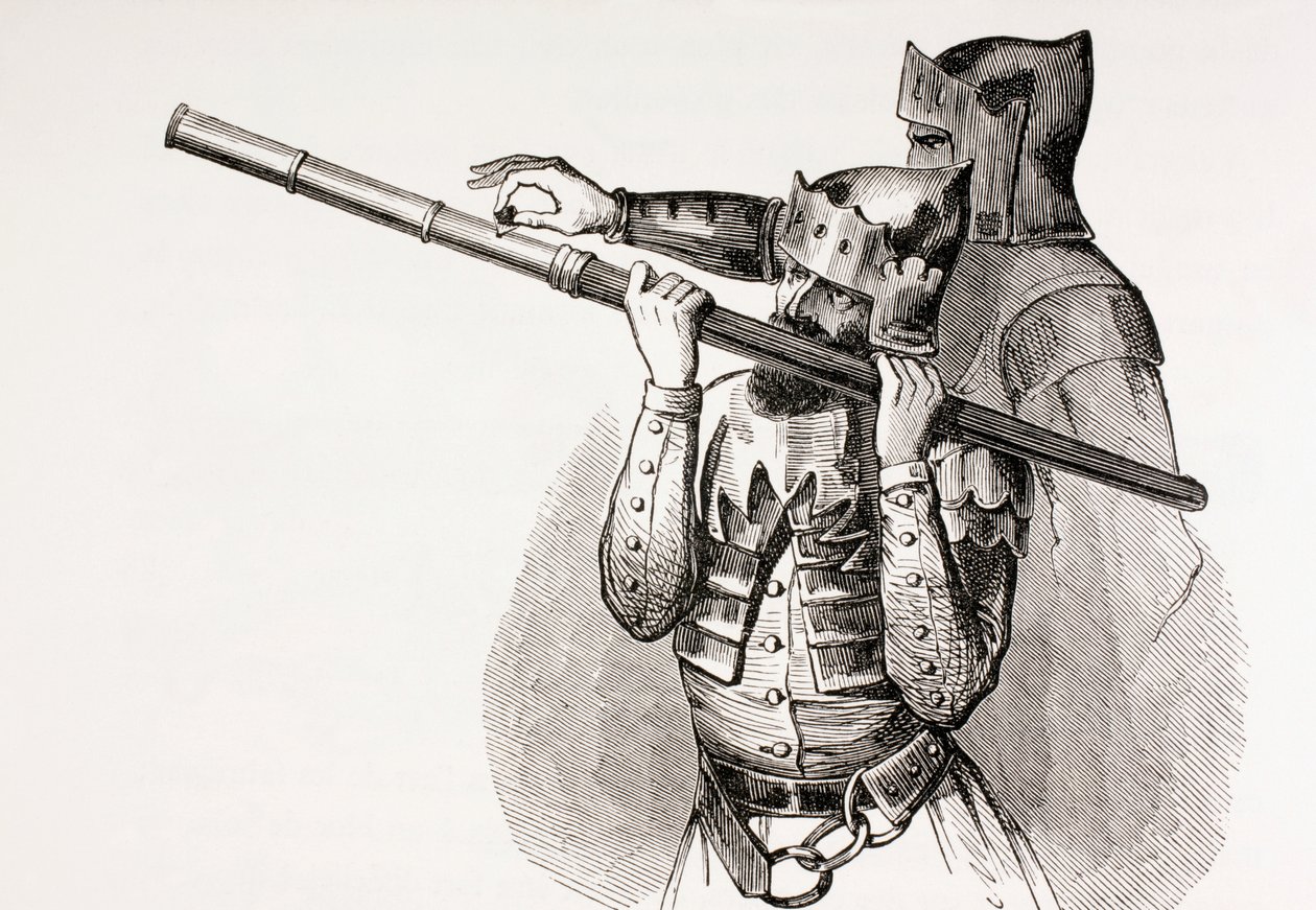 Dva vojáci z 15. století s ruční zbraní nebo vystřelovacím obuškem, z „Les Arts au Moyen Age“, vydaného v roce 1873 od French School