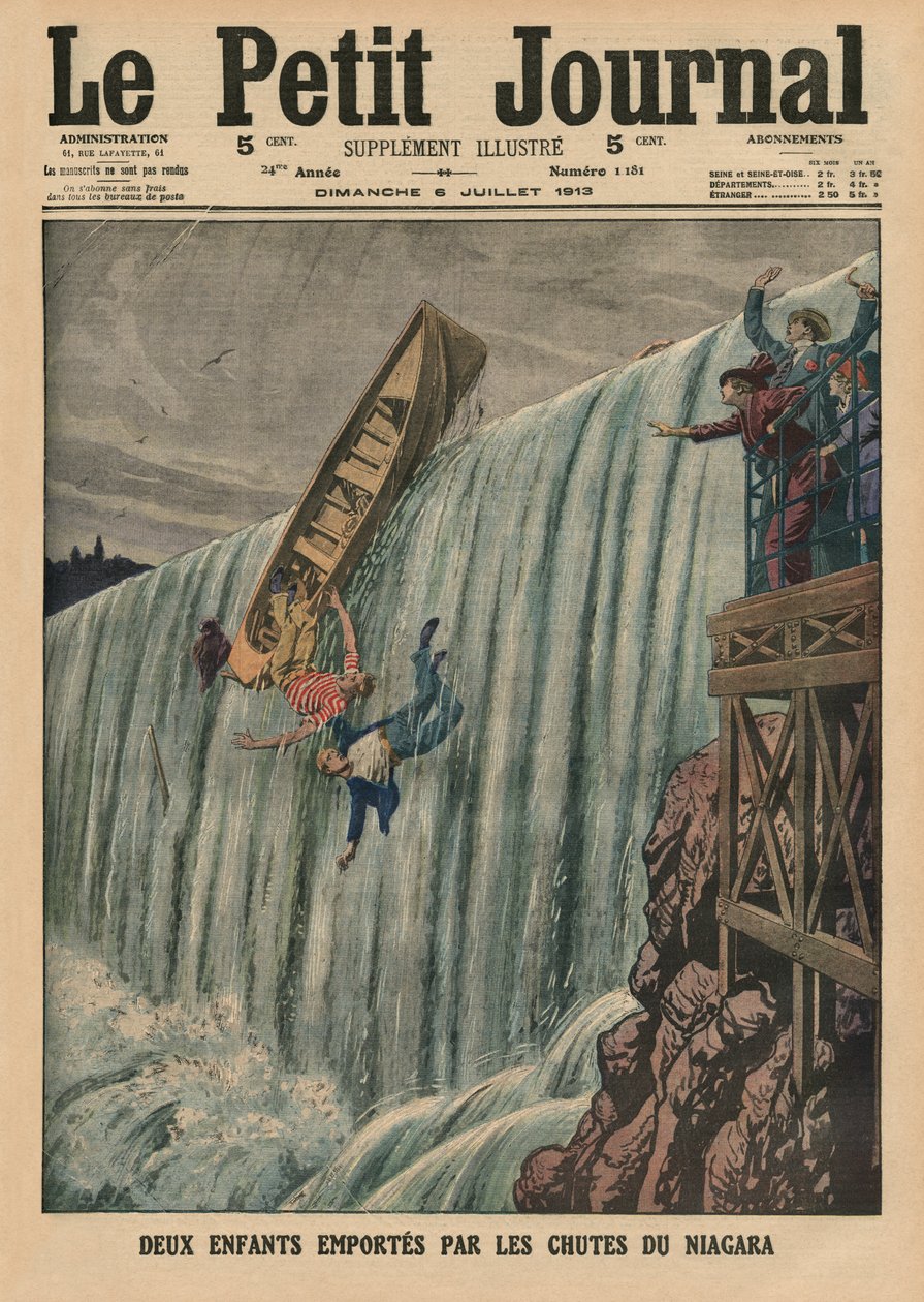 Dvě děti nesené Niagarskými vodopády, ilustrace na titulní straně časopisu "Le Petit Journal", ilustrovaná příloha, 6. července 1913. od French School