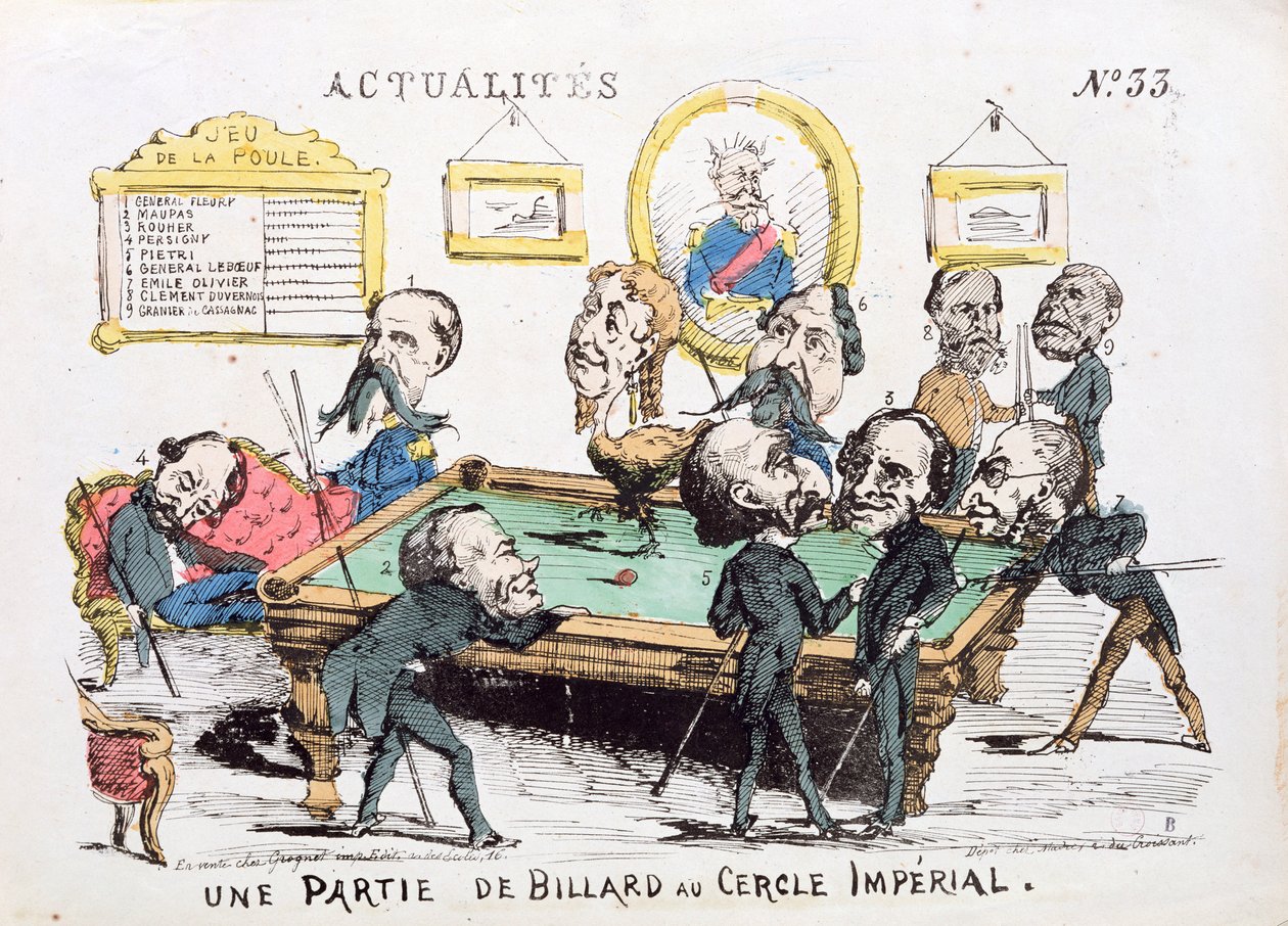 „Une Partie de Billard au Cercle Imperial“, karikatura společnosti Druhého císařství, vydání 33 „Actualites“, 1870 od French School